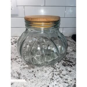 Clear Glass Pumpkin Shape Apothecary Jar with Wood Lid 8" Decorative Container